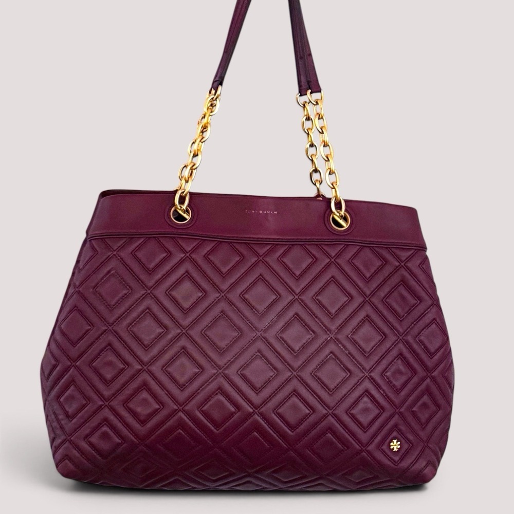 Tory Burch Fleming Quilted Leather Handbag Burgundy Tote